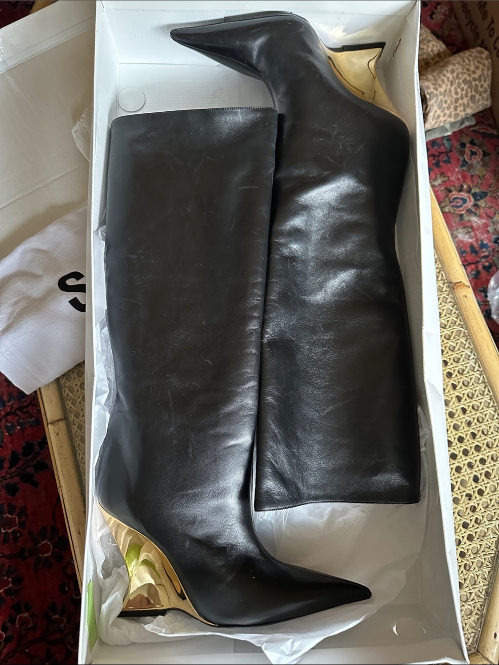 Siena Black and Gold Leather Knee-High Wedge Boots
Schutz size 6.5